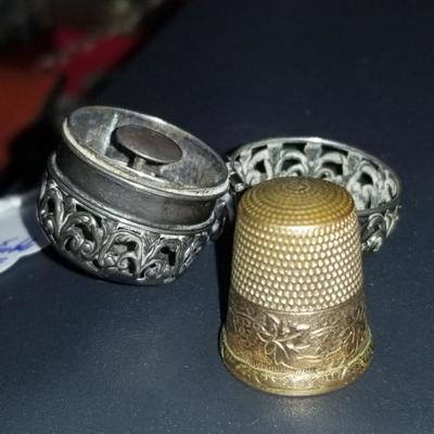 Antique Rose gold thimble with ornate sterling case