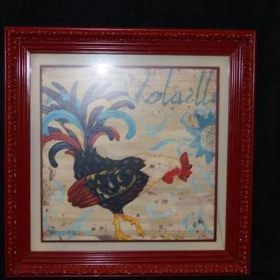 Large Famed Picture- Rooster With Red Frame- NEAT