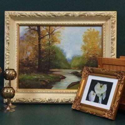 Landscape Painting, Brass Candle Holders, and More