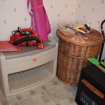 Shower Bench, Bissell Hand Vacuum, Wicker Laundry Basket, Humidifier