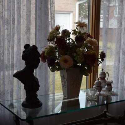 Glass Top Side Table, Silk Floral Arrangement