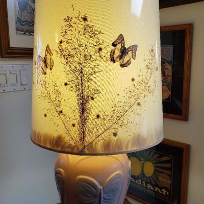 Vintage Van Briggle pottery butterfly table lamp with original real butterfly and dried flower lamp shade.