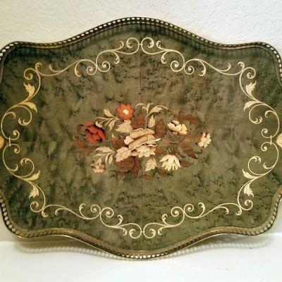 Vintage Inlaid Wood Serving Tray with Brass Handles. $24
