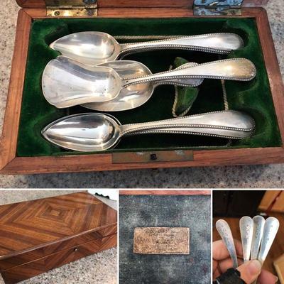 Antique 10-spoon alloy silver set in original beautiful wood box. $200