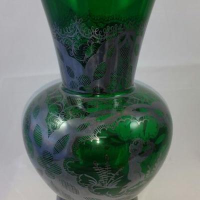 Silver Overlay on Green Glass Vase
