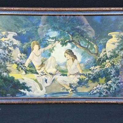 Vintage Print of Two Maidens with Swan