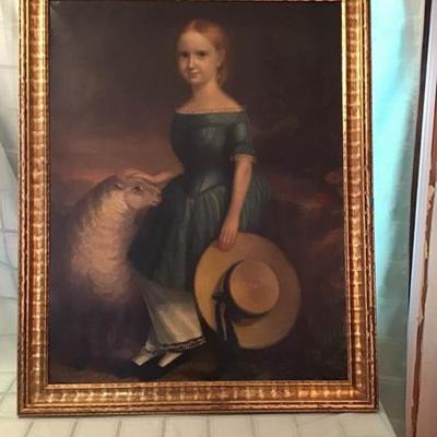 Antique Young Girl with Sheep Painting