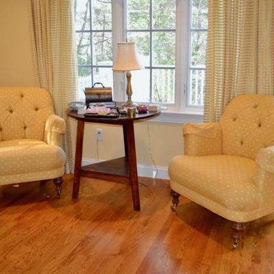 Side table and 2 polka dot Calico Corners boudoir chairs
