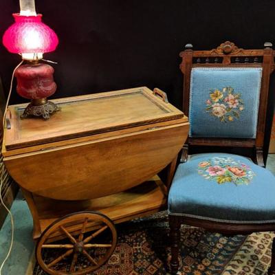 Vtg Tea Cart, Lamp, and Chair