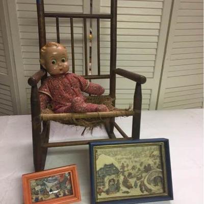 Vtg Rocking Chair, Doll, and Pictures