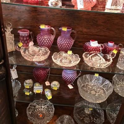 Fenton Cranberry pitchers and candleholders; Elfinware