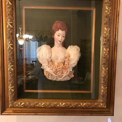 Beautiful Handpoured and Handpainted Porcelain lace draped doll, custom framed. 