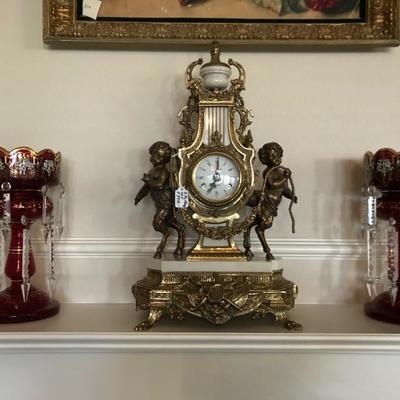 Ornate 3 pc Mantle Clock and Candlelabra set