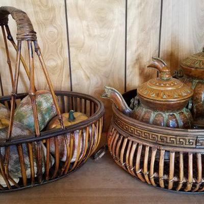 Baskets of Fruit and Teapots