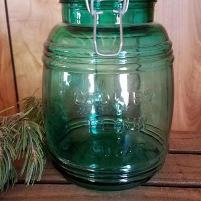 Vintage Green Glass Cookies Flour Sugar Barrel Jar