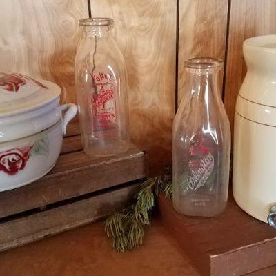 Vintage Milk Bottles, Dispenser, and Tureen