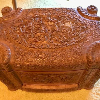 Hand carved sewing box from India $85