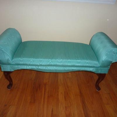 Antique Queen Anne Silk Taffeta Rolled Arm Boudoir Bench- in great condition, re=upholstered.  