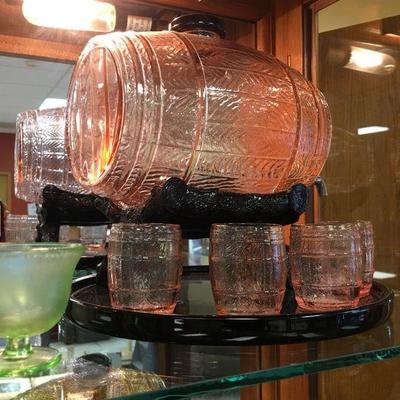 Unusual Depression Era glass barrel with glass stand and glasses