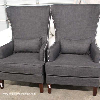  NEW PAIR of Gray Upholstered High Back Wing Back Decorator Chairs with Pillows â€“ auction estimate $300-$600

  