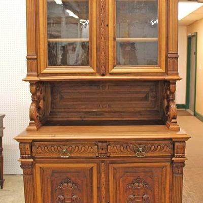ANTIQUE Continental 3 Part Step Back Cupboard with Carved Fruit and Urns â€“ auction estimate $400-$800 