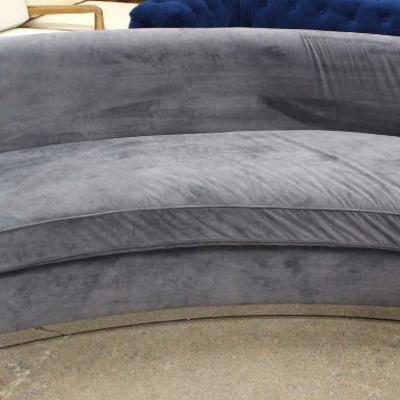 NEW VERY COOL Contemporary Gray Upholstered Modern Design Curved Sofa with Chrome Trim â€“ auction estimate $400-$800 