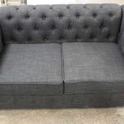 NEW Contemporary Gray Upholstered Button Tufted Decorator Loveseat â€“ auction estimate $200-$400 