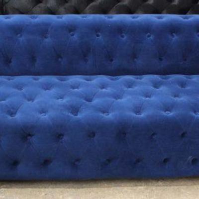  NEW COOL Bright Blue Upholstered Button Tufted Decorator Sofa â€“ auction estimate $400-$800

  