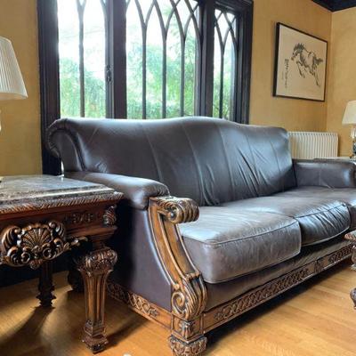 Leather High Back Sofa Set with Carved Frame
