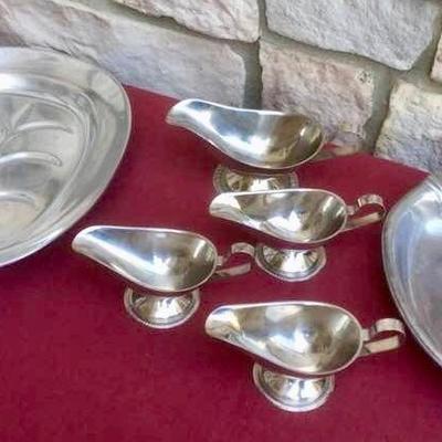 Tree of Life Footed Serving Platter, Wilton Pewter RWP Serving Bowl, and 4 Vollrath Gravy Boats