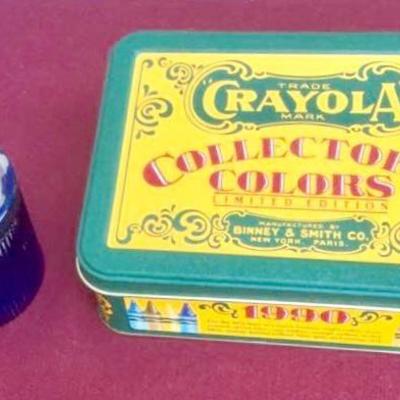 Vintage Avon Moonwind Cobalt Jar and 1991 Limited Edition Crayons Collector Tin and Crayons