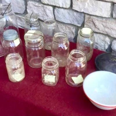 11 Vintage Jars, Silver on Copper Crumb Crust Pan, and Enameled Bowl