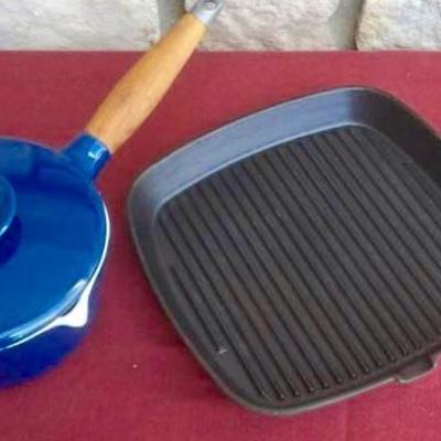 Cuisinart Enamel Cast Iron Grill Pan and Vintage Copco Michael LAX Cast Iron Sauce Pan and Lid