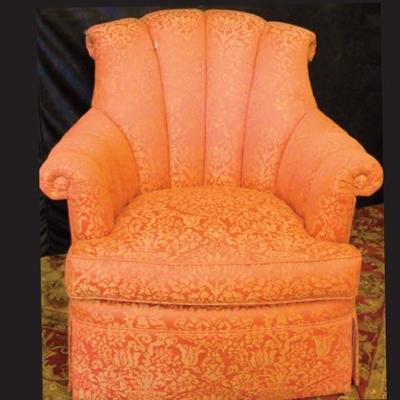 Salmon upholstered chair with roll back by K. Jones