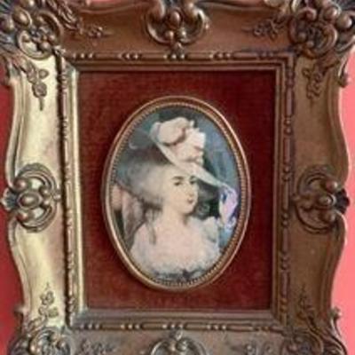 Hand painted portrait on porcelain in gilt frame back signed Daphine Kerkomer