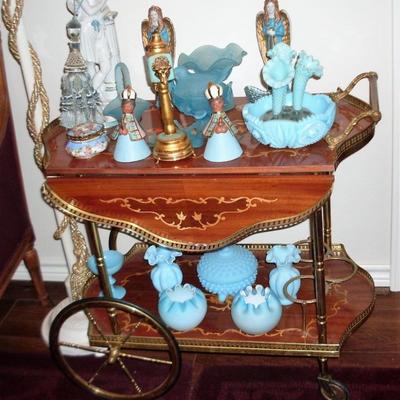 inlaid tea cart with blue glass