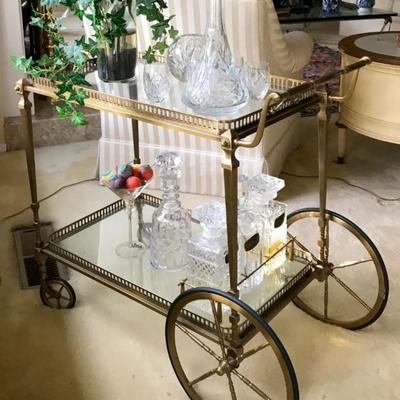 Vintage French Brass Tea or Bar Cart with Removable Tray
