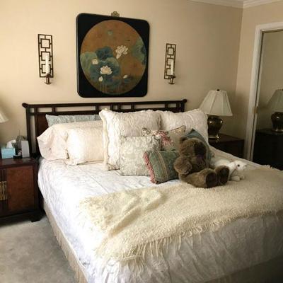 Vintage DREXEL TAI MING COLLECTION King bedroom set; King bed w/mattress, dresser w/mirror, pair of nightstand cabinets.