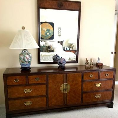 Vintage DREXEL TAI MING COLLECTION King bedroom set; King bed w/mattress, dresser w/mirror, pair of nightstand cabinets.