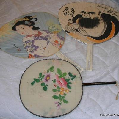 Three Antique Japanese Fans, one is autographed by Dom deLouise