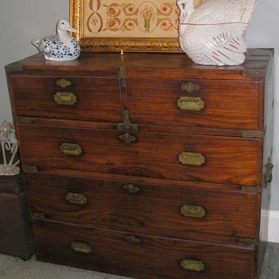 Antique English Elmwood and Brass Campaign stackable Chest of Drawers, comes apart for removal