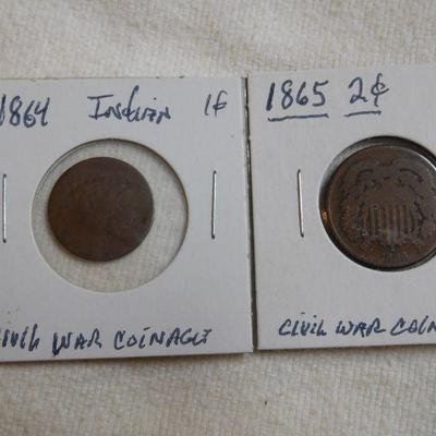 1864 Indian Head Penny & 1865 2 Cents -- Civil War Coinage 