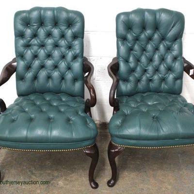 PAIR of Button Tufted Leather Scroll Arm Mahogany Frame Arm Chairs – auction estimate $200-$400