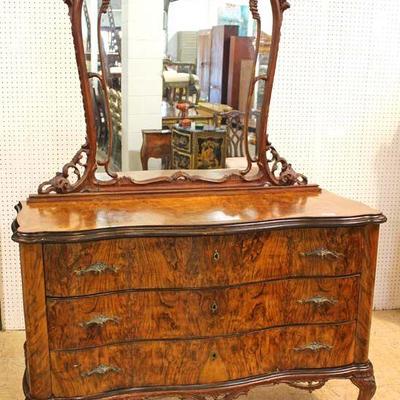  ANTIQUE Burl Exotic Walnut Carved and Fancy Dresser with Mirror – auction estimate $300-$600 