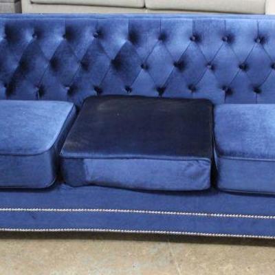  NEW Blue Upholstered Button Tufted Decorator Sofa â€“ auction estimate $100-$300 