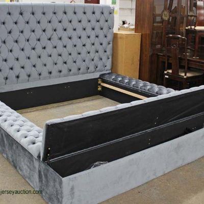  NEW Contemporary Upholstered Button Tufted King Size Bed with Upholstered Rails

and Lift Top Storage Bench with Hardware â€“ auction...
