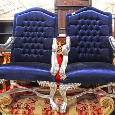  PAIR of Blue Velour Button Tufted Throne Chairs – auction estimate $400-$800 