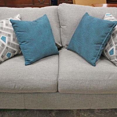  NEW Contemporary Grey Upholstered Complete Living Room Set with Decorator Pillows – auction estimate $300-$600 