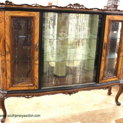  ANTIQUE Exotic Burl Walnut Etched Glass Door French Style China Cabinet with Mosaic Mirror Back and Keys – auction estimate $400-$800 