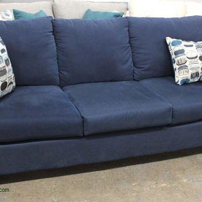  NEW Contemporary Blue Upholstered Sofa with Decorator Pillows â€“ auction estimate $200-$400 